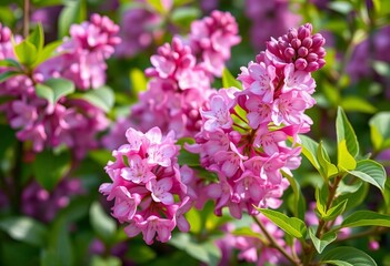 Fototapeta premium Delicate magenta lilac blossoms unfurl amidst vibrant green spring foliage, botany, delicate