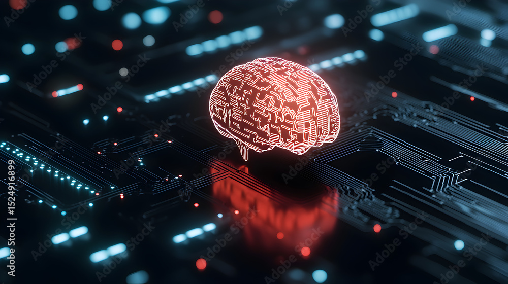 Poster a glowing digital brain floats over a circuit board, symbolizing artificial intelligence and advance