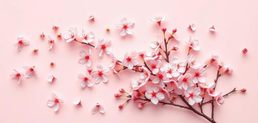 Delicate pink cherry blossoms scattered on a pastel pink background  Spring, minimalist, floral, flatlay,  minimalist,  serenity