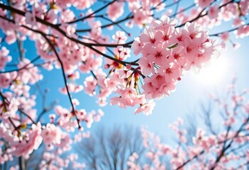 Obraz premium Delicate pink cherry blossoms in full bloom on a sun-drenched spring day, cherry, sunny day