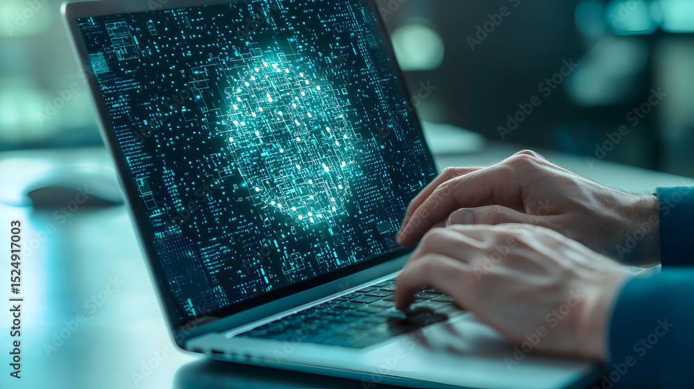 Poster a person is typing on a laptop displaying a digital, futuristic interface with glowing data and code