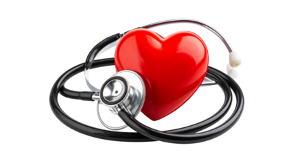 Medical stethoscope and heart isolated on transparent background, PNG