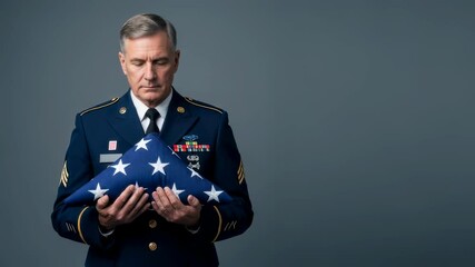Mature caucasian man in military uniform holding folded american flag. Veteran remembrance day. Patriotic concept. Memorial footage. - Powered by Adobe