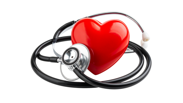Medical stethoscope and heart isolated on transparent background, PNG