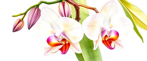 Delicate watercolor painting of vanilla orchid flower, pods, and stems, isolated on white, smooth, art
