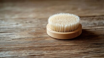A round brush with soft bristles lying on a wooden table