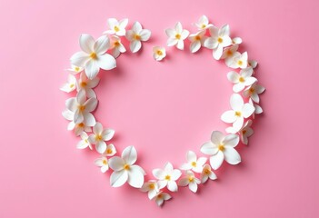 Obraz premium Delicate white paper flowers forming a heart on a pink paper background, pastel, love