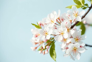 Obraz premium Delicate white spring blossoms on a soft blue background, pastel tones, flowers, gentle