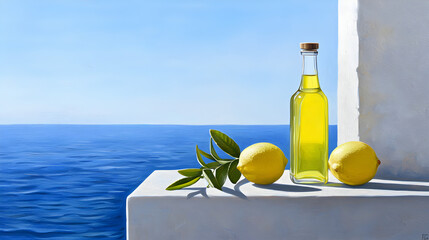 Obraz premium A bottle of olive oil and two lemons rest on a ledge overlooking a bright blue sea under a clear sky.