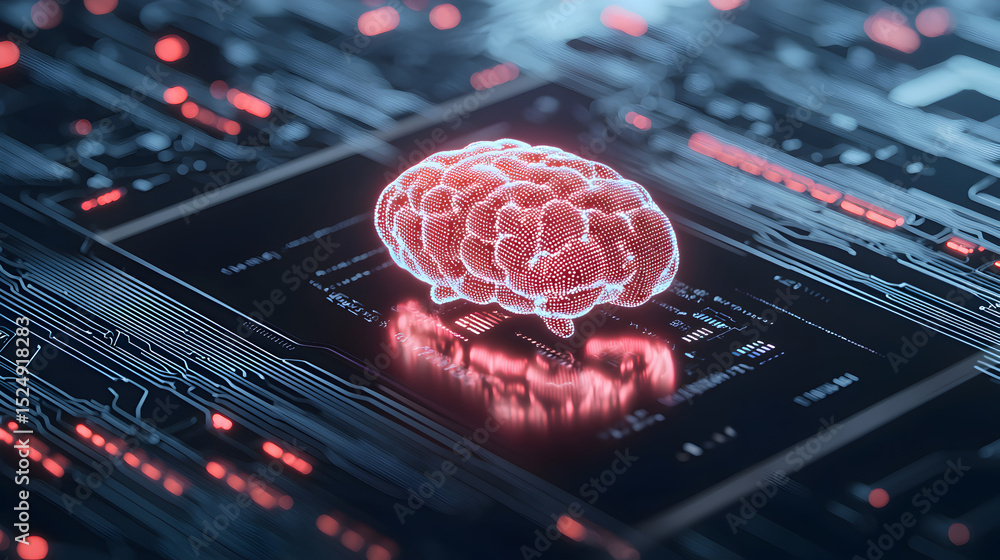 Aufkleber a glowing digital brain hovers above a computer chip, symbolizing artificial intelligence and advanc
