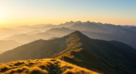 Mountain Range at Sunrise with Fog and Golden Light