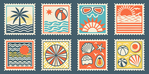 Set of Summer Themed Postage Stamps with Beach and Vacation Elements
