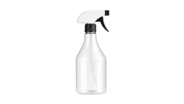 White blank plastic spray bottle for cosmetics product mockup standing on white background