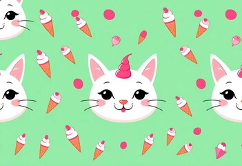 Fototapeta premium Cute white cat face with ice cream seamless pattern, flat cartoon design on green background, design element, illustration