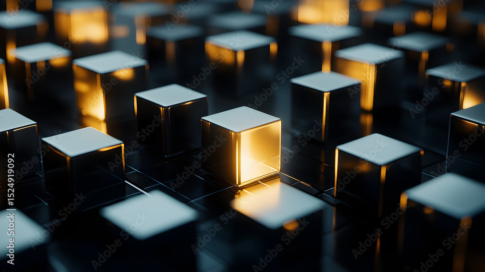 Poster abstract metallic cubes with glowing lights arranged in a grid, creating a futuristic and technologi