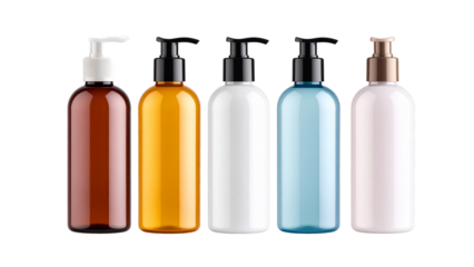 Plastic cosmetic bottles standing on white background