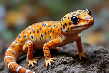 Fototapeta premium Close-up of a Leopard Gecko with Orange and Black Patterns on a Dark Surface
