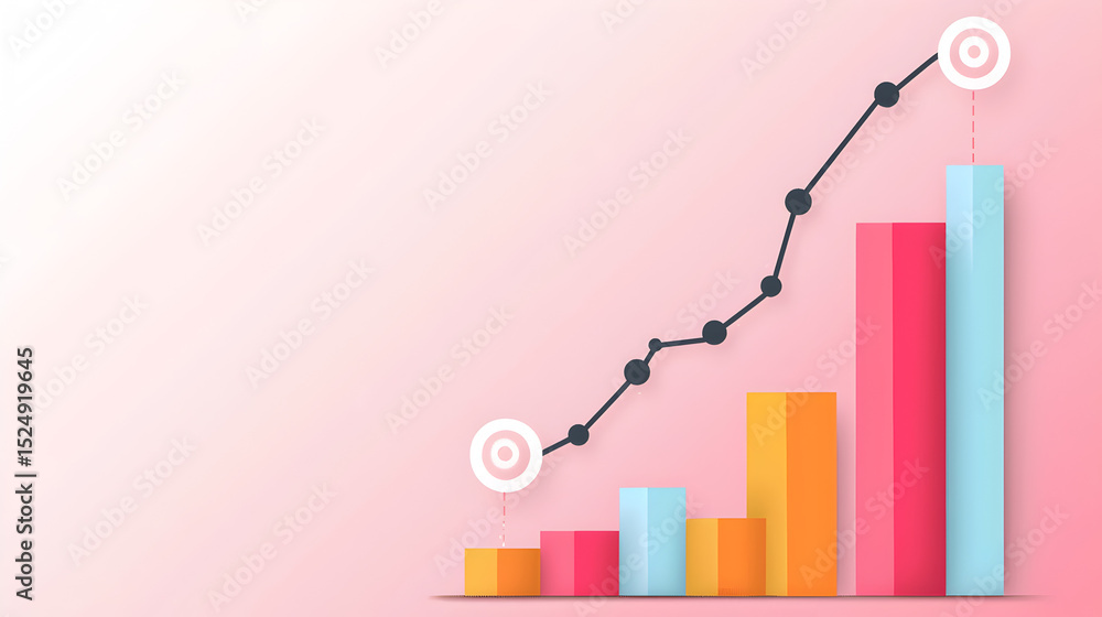 Poster colorful bar chart and line graph illustrating growth and progress towards targets on a pink backgro
