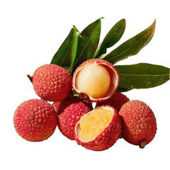Fresh lychees, whole and sliced, with leaves