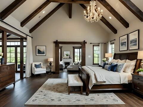 Luxurious Master Bedroom Design Elegant Interior with Vaulted Ceilings and Dark Wood Accents