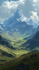 Fototapeta premium Majestic Mountain Landscape With Verdant Valley and Dramatic Sky