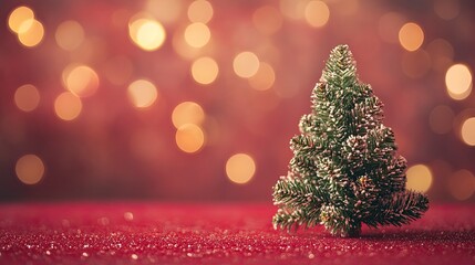 A small Christmas tree on a red surface with bokeh lights