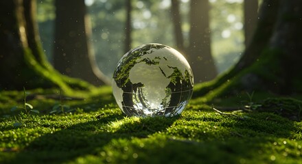 Crystal Earth Globe Resting on Moss in a Sunlit Forest