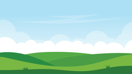 Plakat green filed with white cloud and blue sky. landscape cartoon background scene