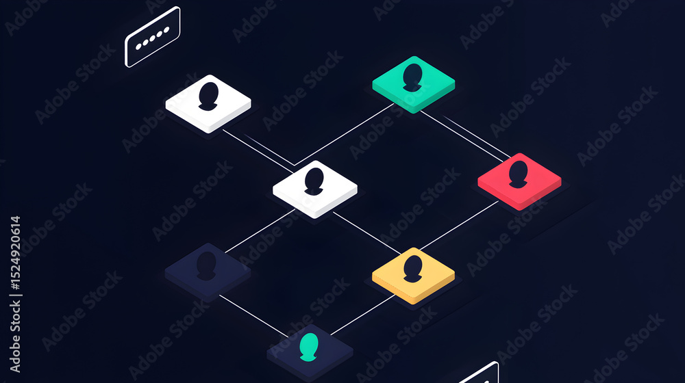 Poster abstract representation of a network or organizational chart with connected nodes and user icons on 