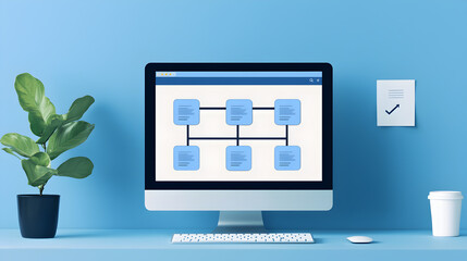 A modern workspace with a computer displaying a flowchart, a plant, keyboard, mouse, coffee cup, and a wall checklist on a blue background.