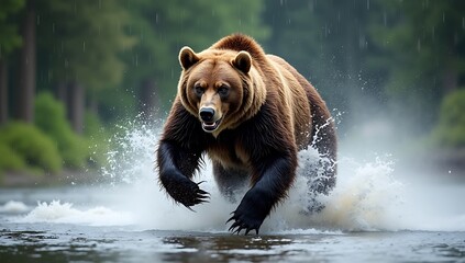 A powerful grizzly bear charges through a shallow river, creating dramatic splashes of water as it moves