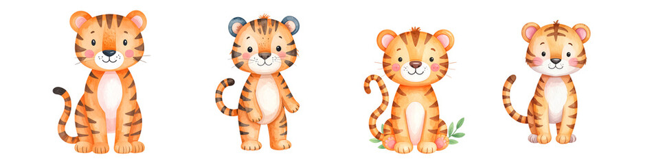 Obraz premium Four adorable cartoon tigers with distinct expressions and playful poses.