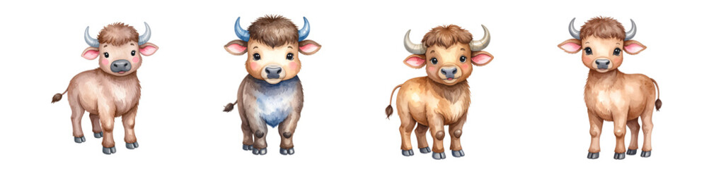 Four adorable cartoon calves in different colors and expressions for various designs.