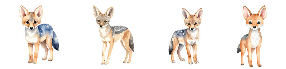 Fototapeta premium Four colorful illustrations of playful foxes in various poses and expressions.