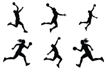 Silhouette of a handball player in action, attack shut in jumping and shooting the ball, vector art of male and female athlete making an aggressive shot on goal, sportsman in motion.