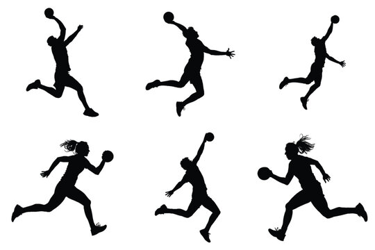 Silhouette of a handball player in action, attack shut in jumping and shooting the ball, vector art of male and female athlete making an aggressive shot on goal, sportsman in motion.