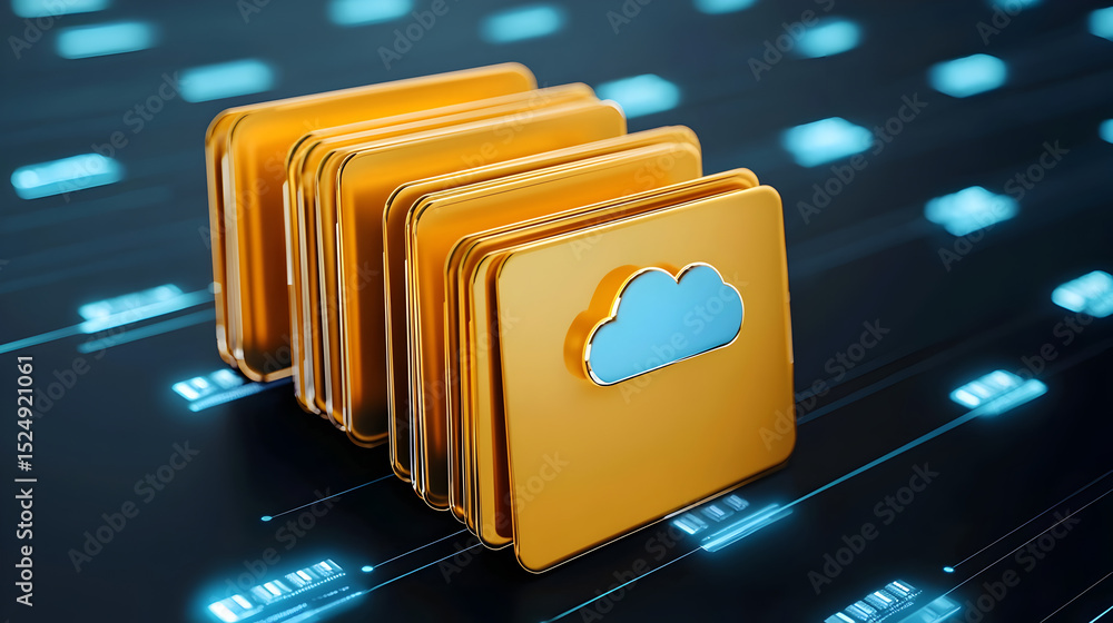 Poster digital folders with cloud icons represent cloud storage and data management on a futuristic digital
