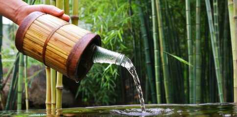 Fototapeta premium Hand Pouring Water from Bamboo Container into Basin Amidst Bamboo Grove