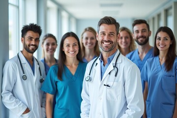 A diverse group of smiling medical professionals, including doctors and nurses, posing together in a bright hospital corridor.