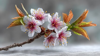Pink and white cherry blossoms over a soft abstract background with silk folds and dust shimmer