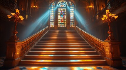 Grand staircase with stained glass window