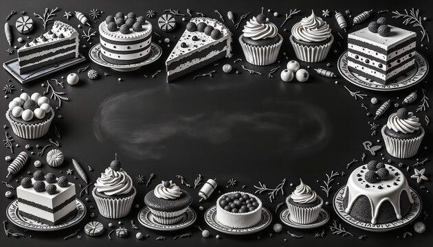 Artistic chalkboard menu design featuring various desserts and pastries  