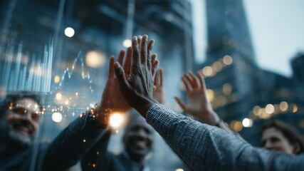 Diverse Business Team Celebrating Success with High Five Against Cityscape and Financial Chart Overlay, Demonstrating Collaboration and Achievement - Powered by Adobe