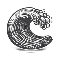 Vintage Hand-Drawn Ocean Wave Illustration, Coastal Nature Engraved Style Vector for T-Shirts and Beach and Surf Design