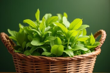 Naklejka premium Fresh Herbs in a Wicker Basket - Healthy Culinary Greens
