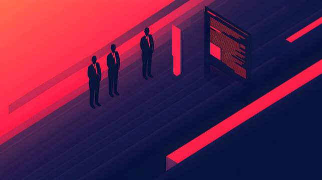 Three businesspeople in suits stand in a digital, futuristic room with a glowing screen, bathed in neon red and blue light. - Powered by Adobe