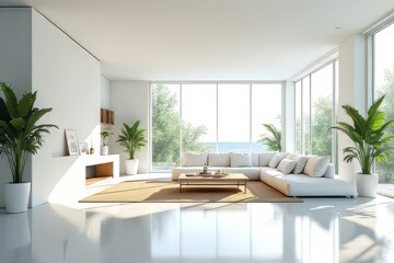 Modern Coastal Living Room with Large Windows and Plants