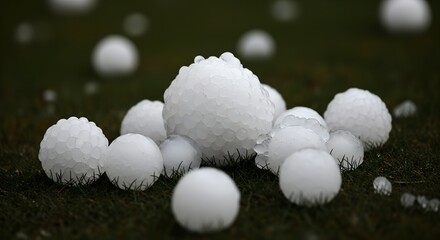 Close-up of large white hailstones scattered on grass, concept of severe weather and natural disaster