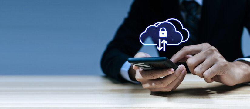 business people loading file on mobile smartphone with file transfer AI technology icon, representing data synchronization, backup storage, artificial intelligence, cloud storage technology concept