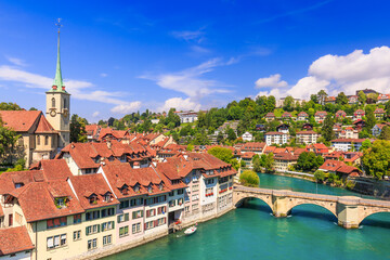 Bern, Switzerland. View of the old city center and Untertorbrucke bridge over river Aare.